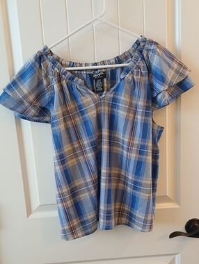 Wrangler Retro Blue Plaid Off-Shoulder Top
